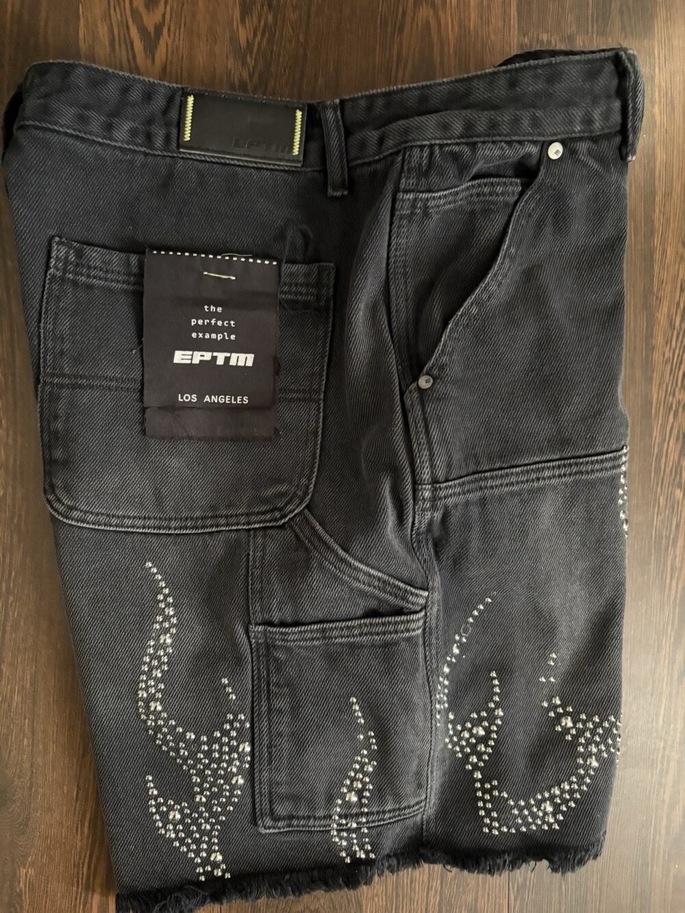 NWT EPTM Black Metal Flame Studded Denim Jorts Men's 38 XXL